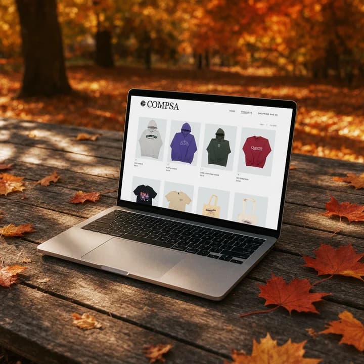 The merch catalog on a MacBook on a picnic table covered in autumn leaves